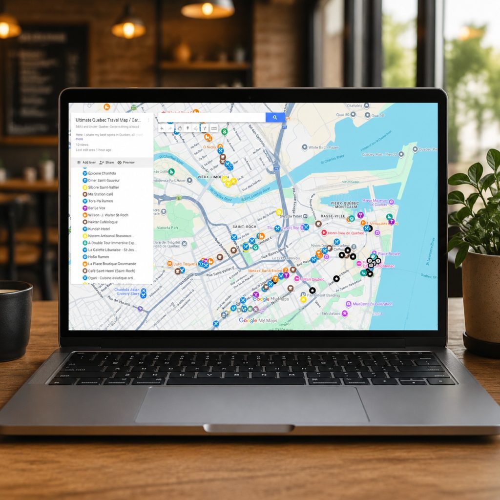 quebec map on a computer in a cafe